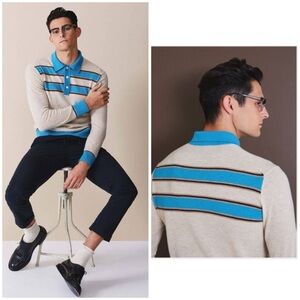 Todd Snyder $249 Long Sleeve Tan/Blue Stripe Merino Wool Polo Sweater Size Small